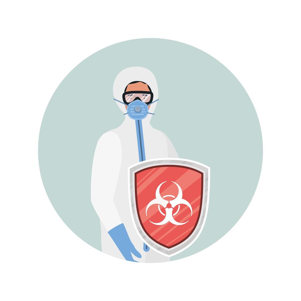 Médico con traje protector y escudo contra el diseño vectorial del virus ncov 2019 vector