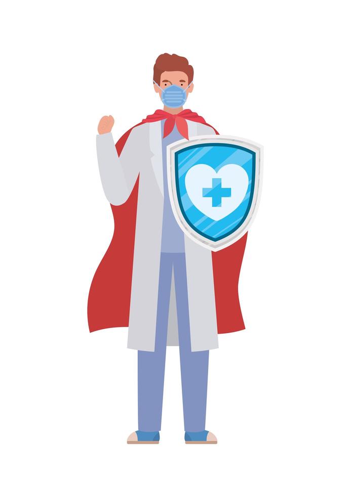 man doctor hero with cape and shield against 2019 ncov virus vector design