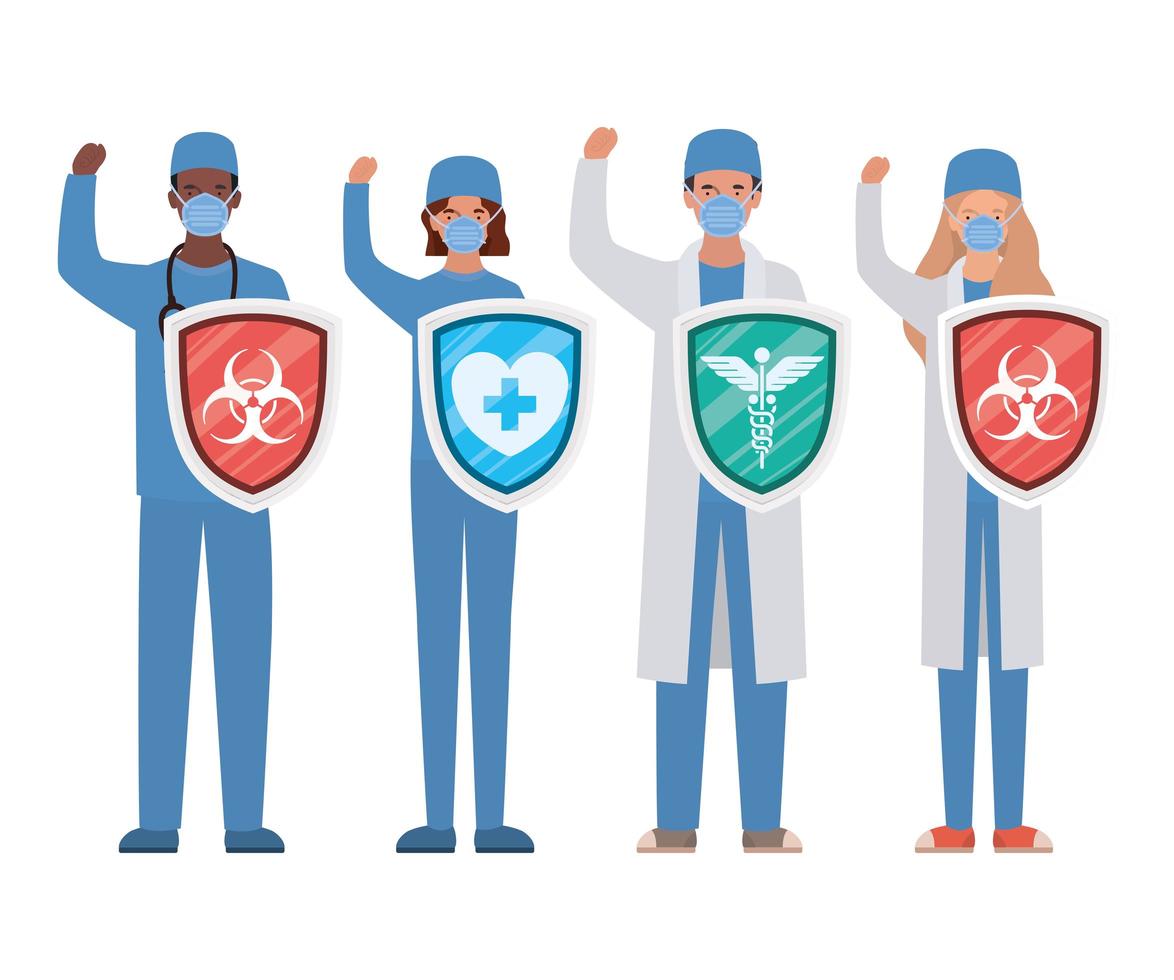 women and men doctors heroes with shields against 2019 ncov virus vector design