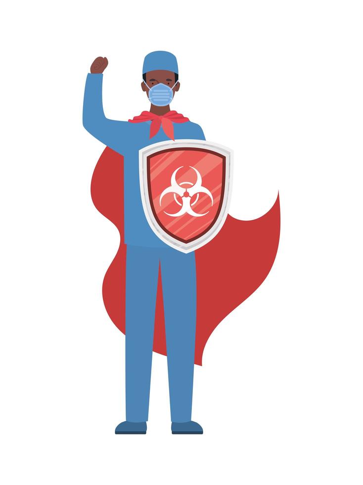 Hombre doctor héroe con capa y escudo contra el diseño vectorial del virus ncov 2019 vector