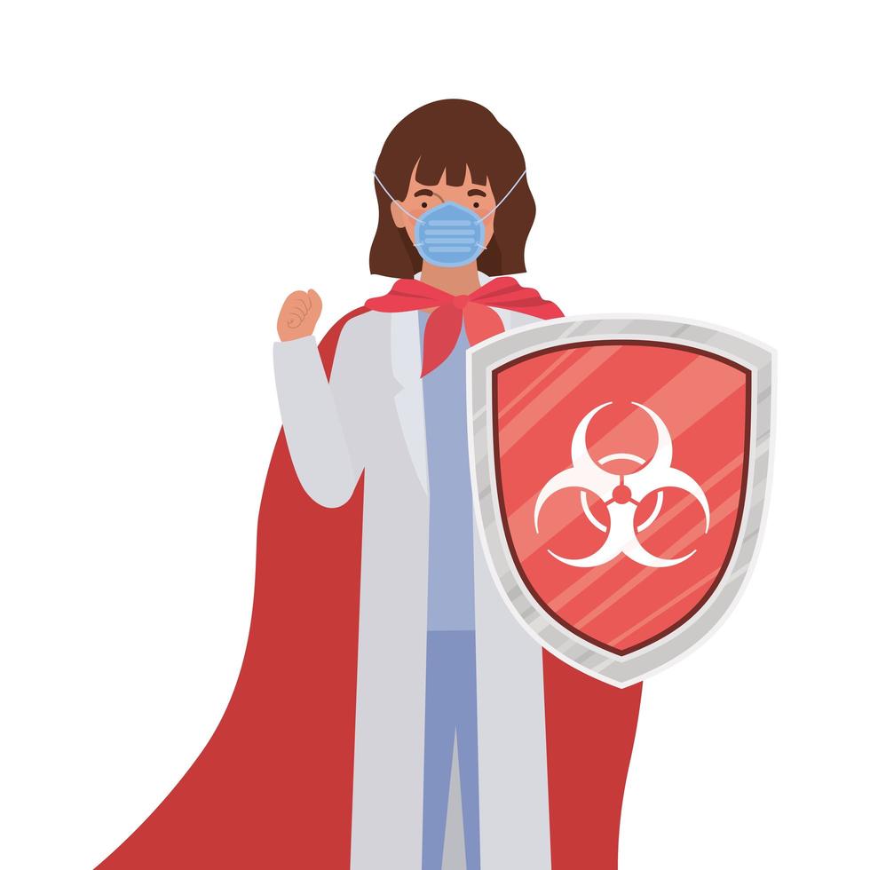 woman doctor hero with cape and shield against 2019 ncov virus vector design