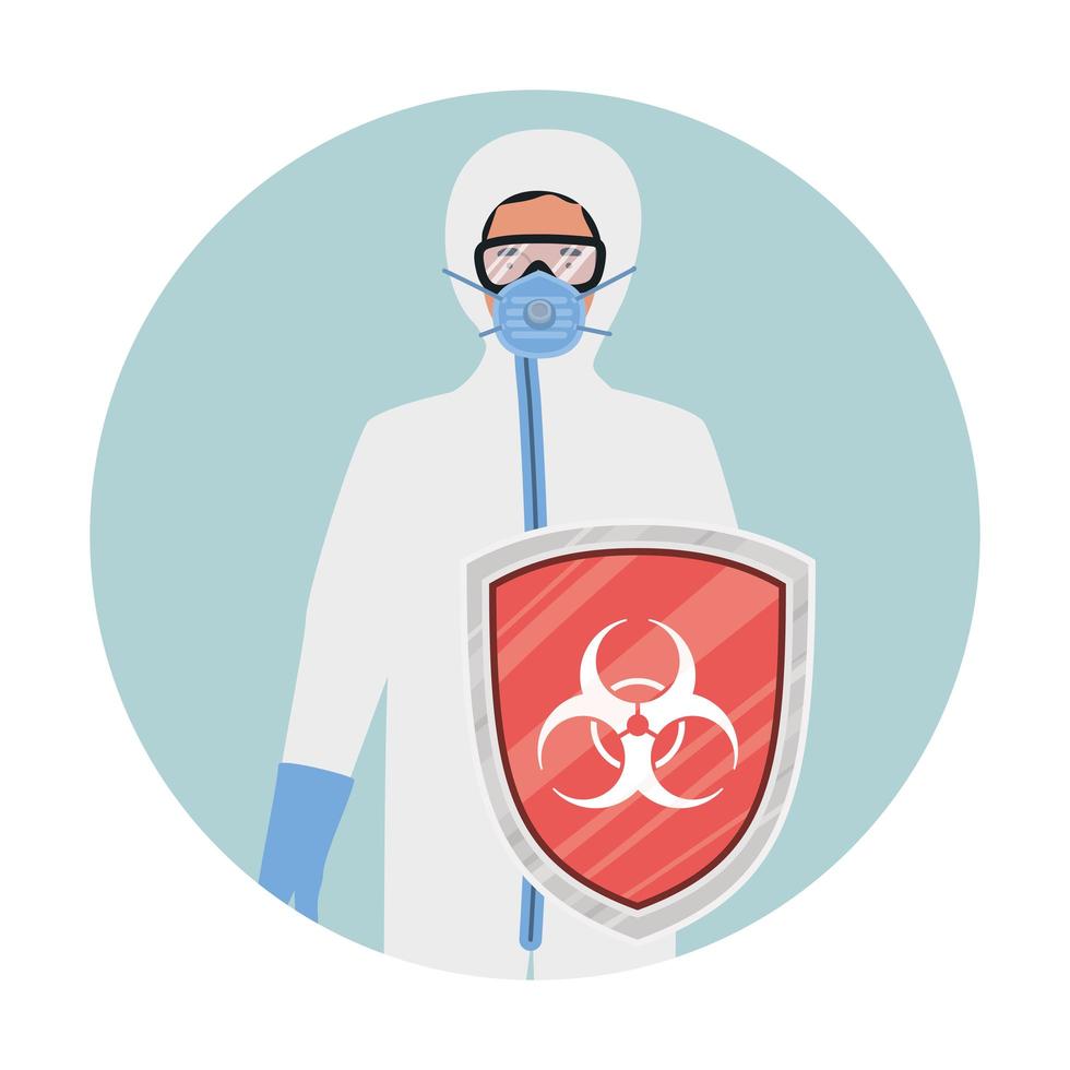 Médico con traje protector y escudo contra el diseño vectorial del virus ncov 2019 vector