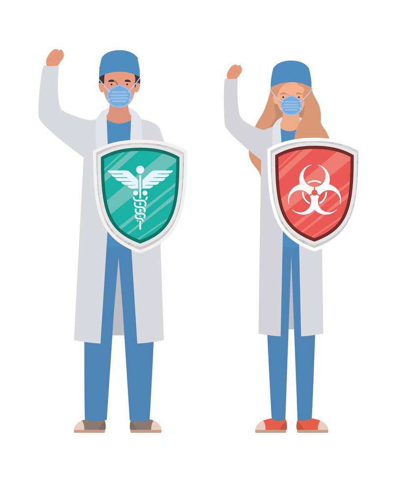 Mujer y hombre médicos héroes con escudos contra el diseño vectorial del virus ncov 2019 vector