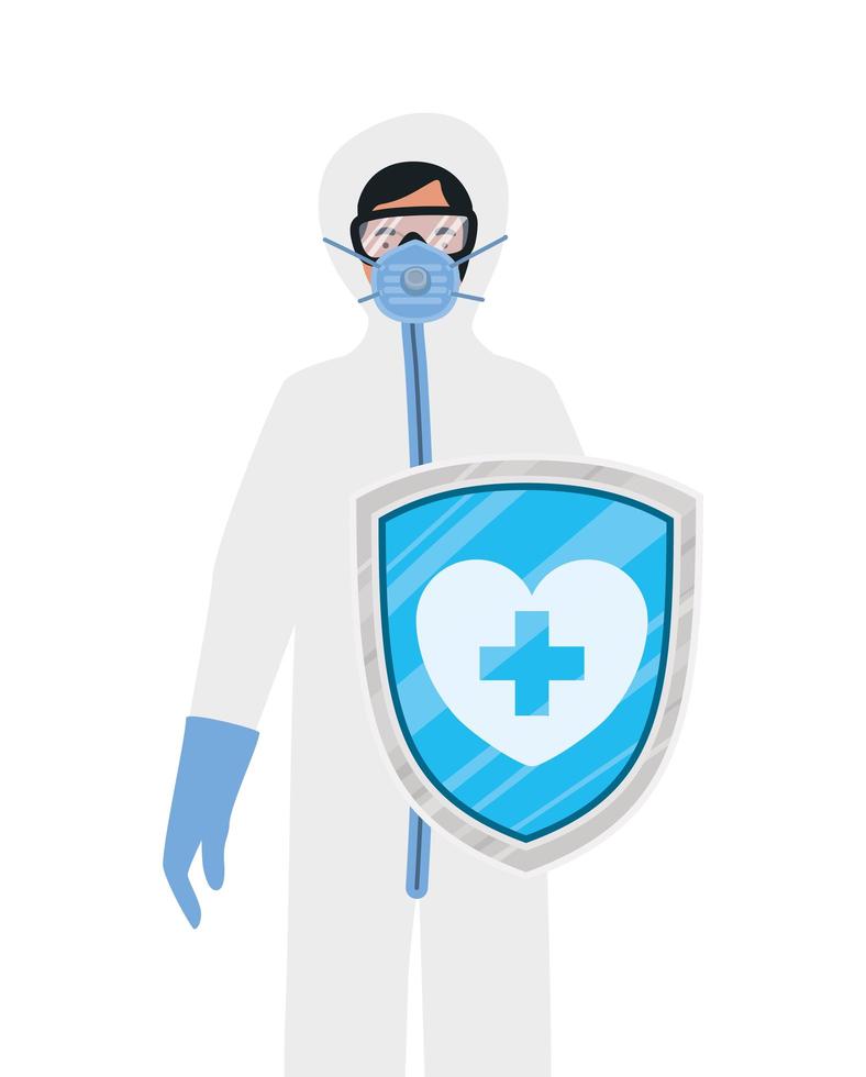 Médico con traje protector y escudo contra el diseño vectorial del virus ncov 2019 vector