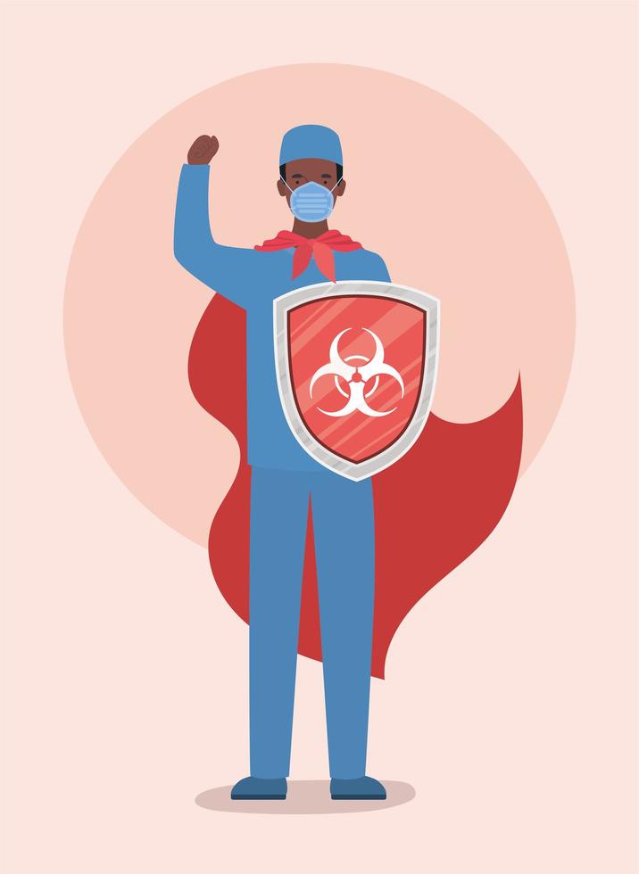 man doctor hero with cape and shield against 2019 ncov virus vector design