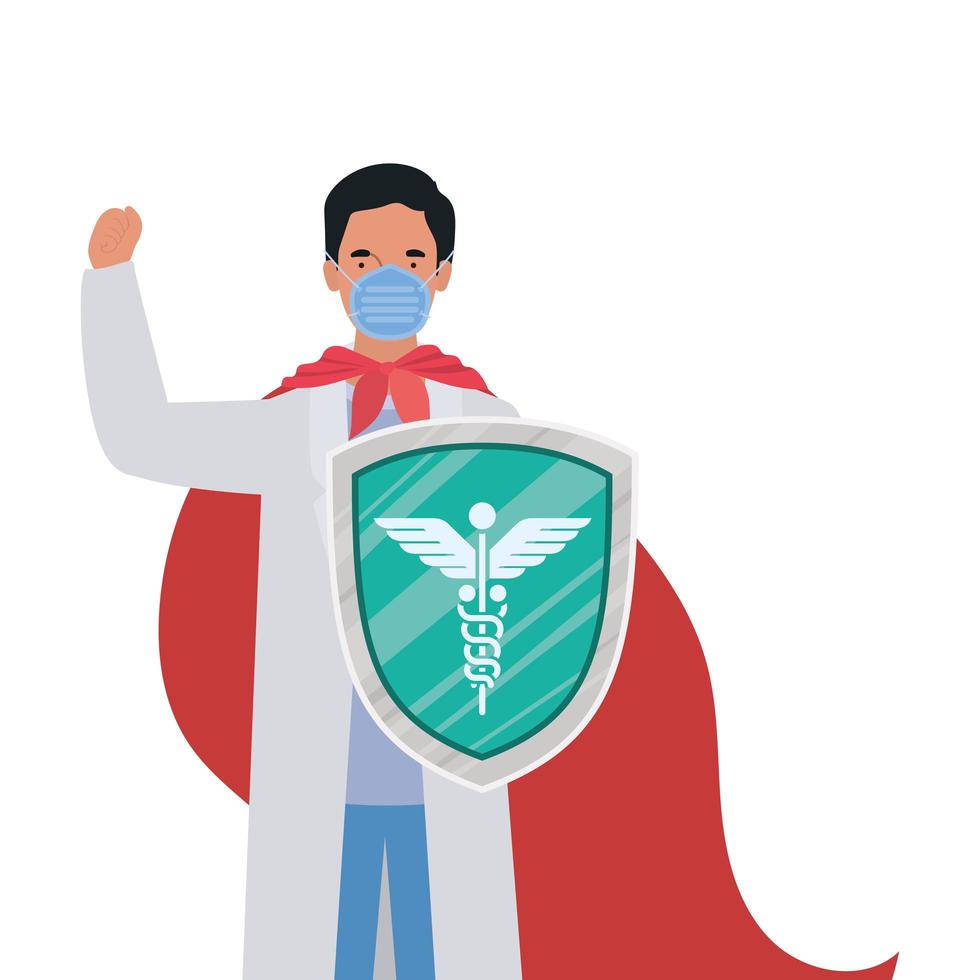 Hombre doctor héroe con capa y escudo contra el diseño vectorial del virus ncov 2019 vector