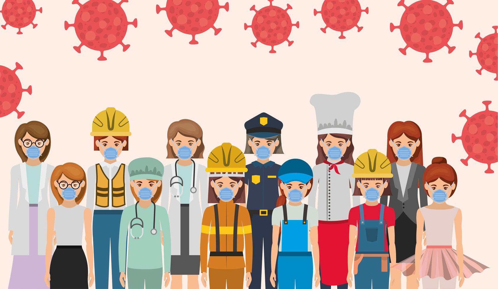 Women workers with masks against 2019 ncov virus vector design