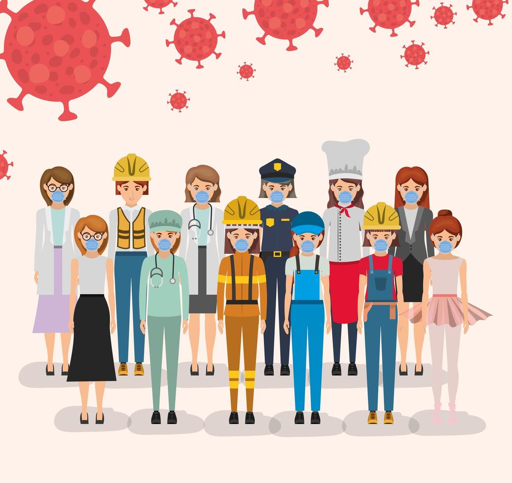 Women workers with masks against 2019 ncov virus vector design