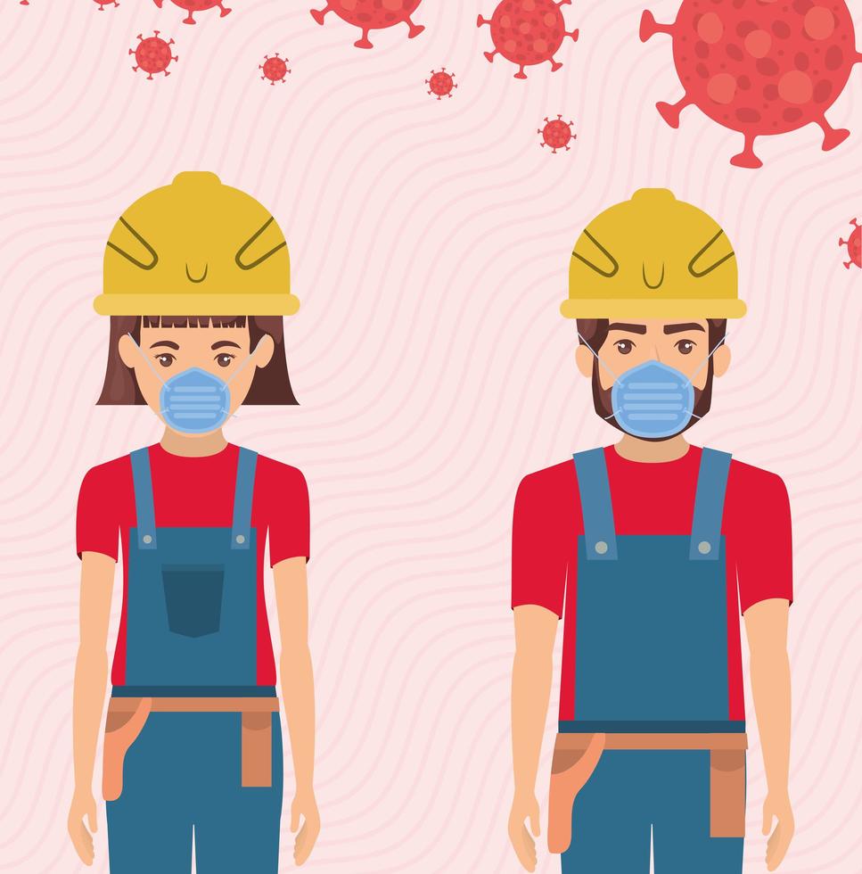 Women builders with masks and helmets against 2019 ncov virus vector design