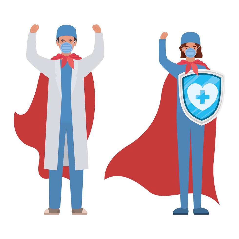 woman and man doctors heroes with capes and shield against 2019 ncov virus vector design