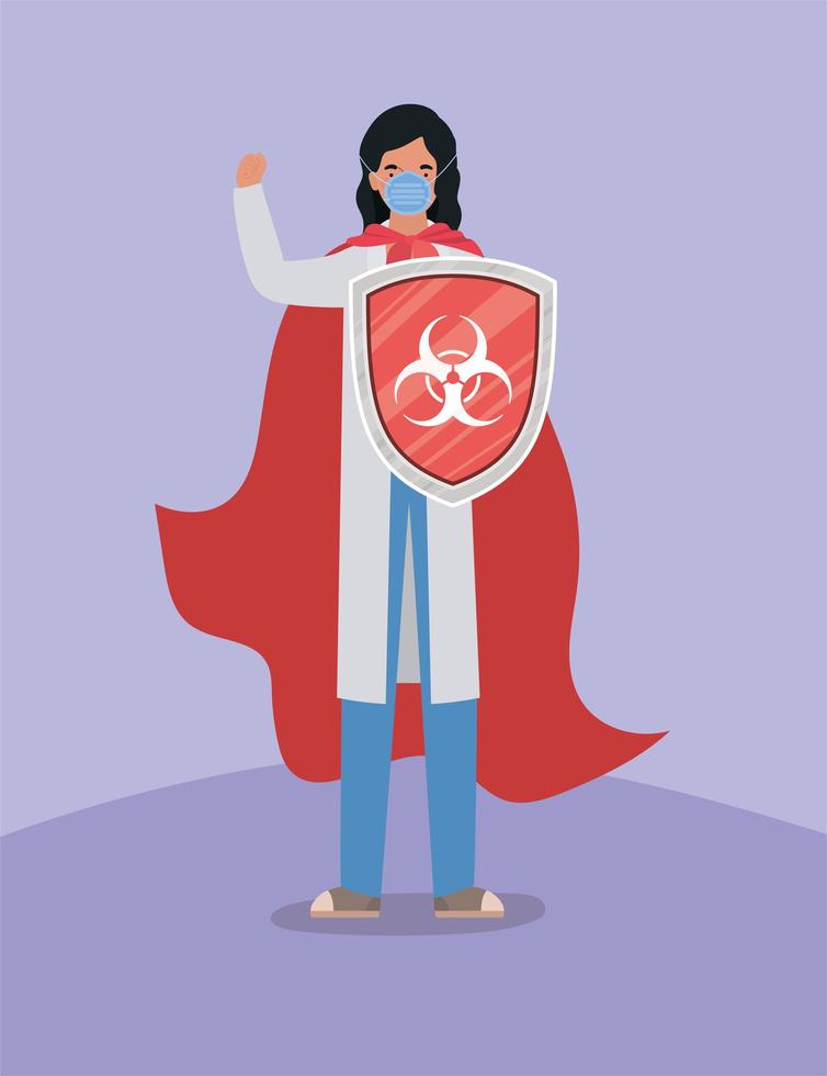 Mujer médico heroína con capa y escudo contra el diseño 2019 vector