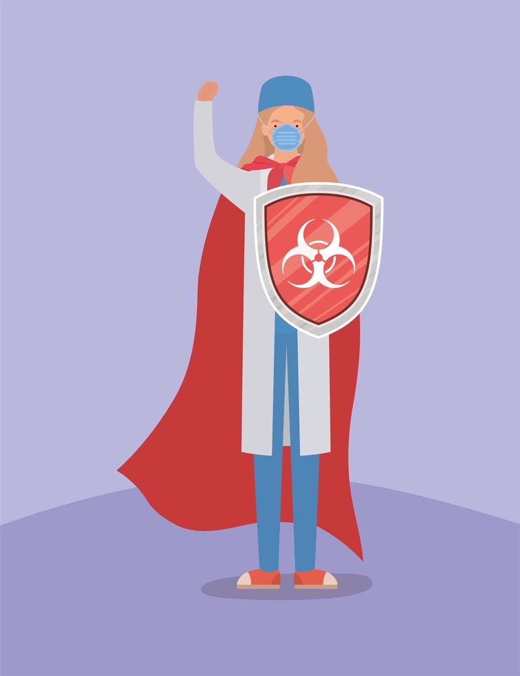 woman doctor hero with cape and shield against 2019  design vector