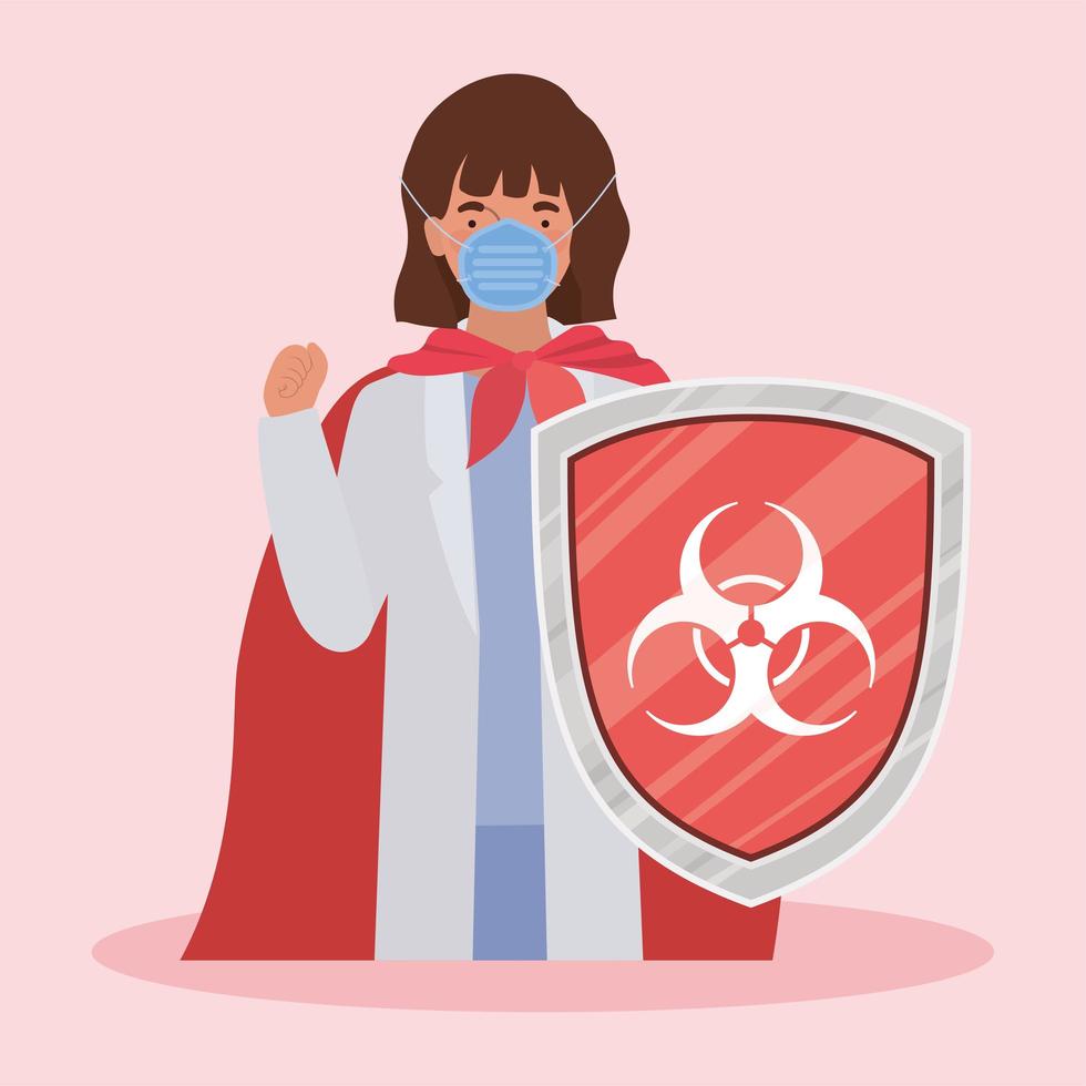 woman doctor hero with cape and shield against 2019 vector design