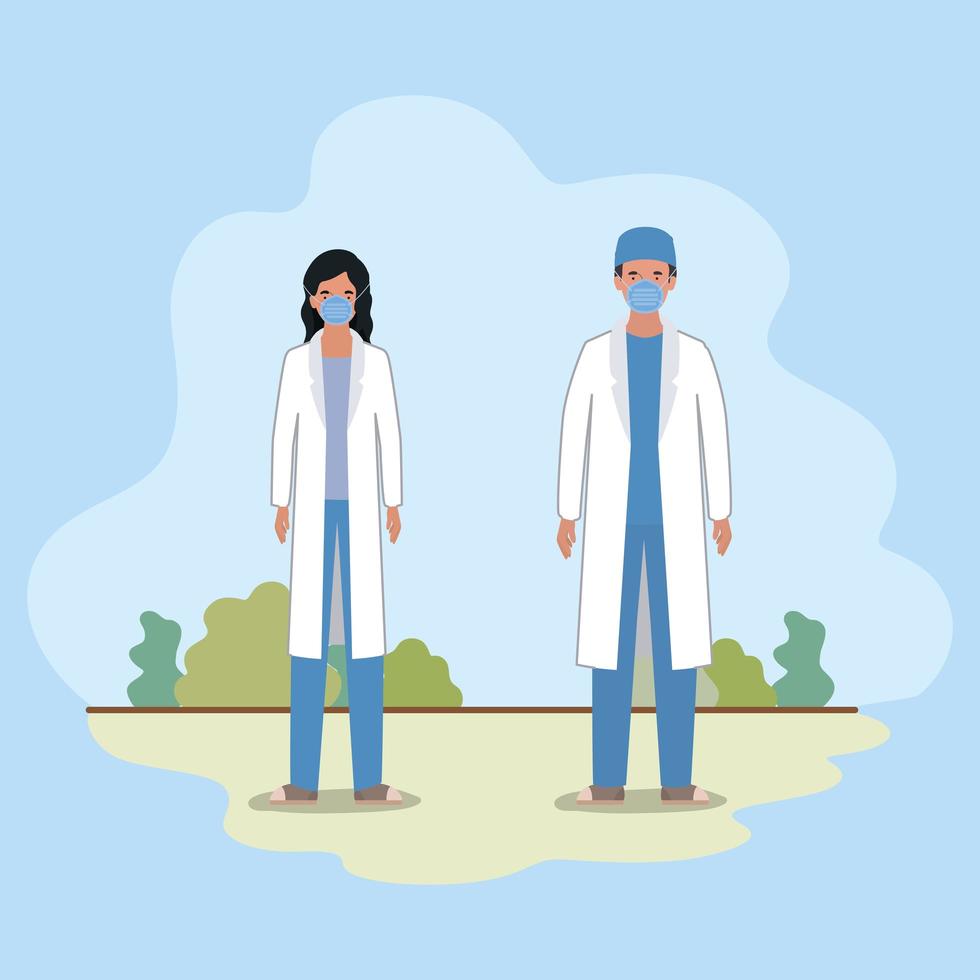 Woman and man doctors with masks against 2019 ncov virus vector design