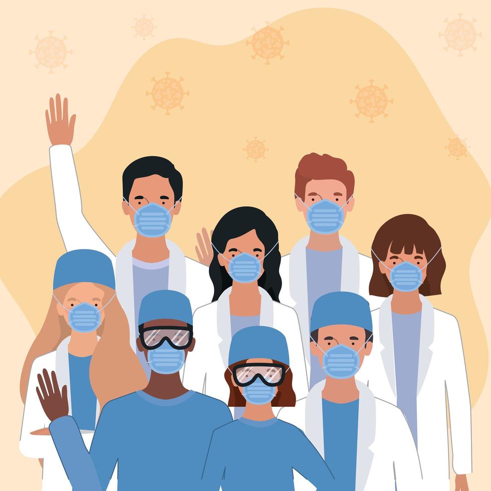 Men and women doctors with masks against 2019 ncov virus vector design