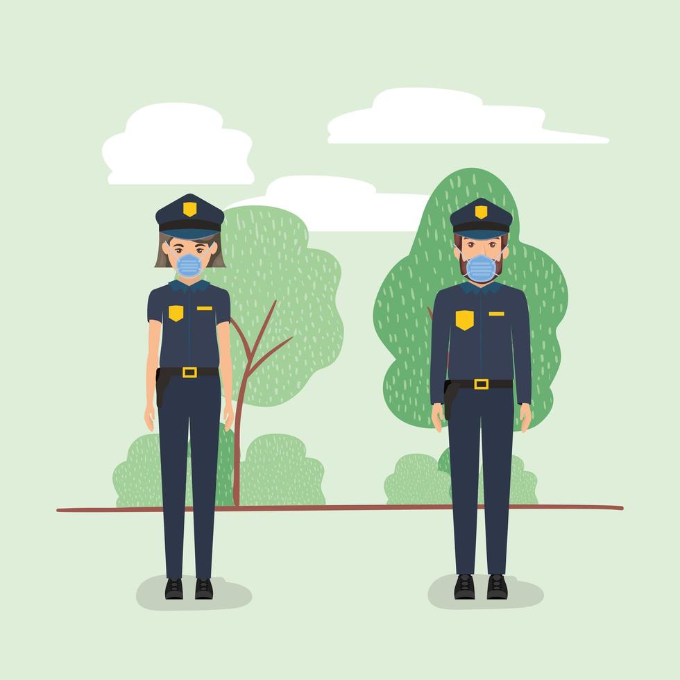 Policewoman and policeman with masks against 2019 ncov virus vector design