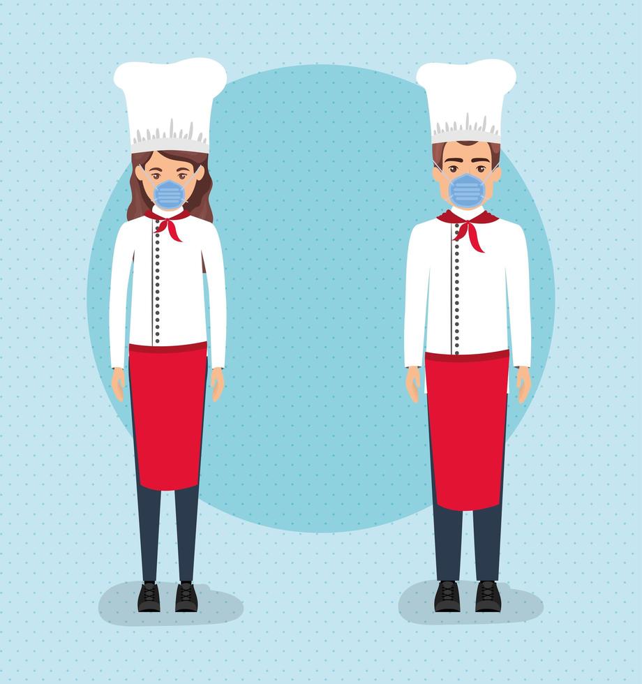 Woman and man chefs with masks against 2019 ncov virus vector design