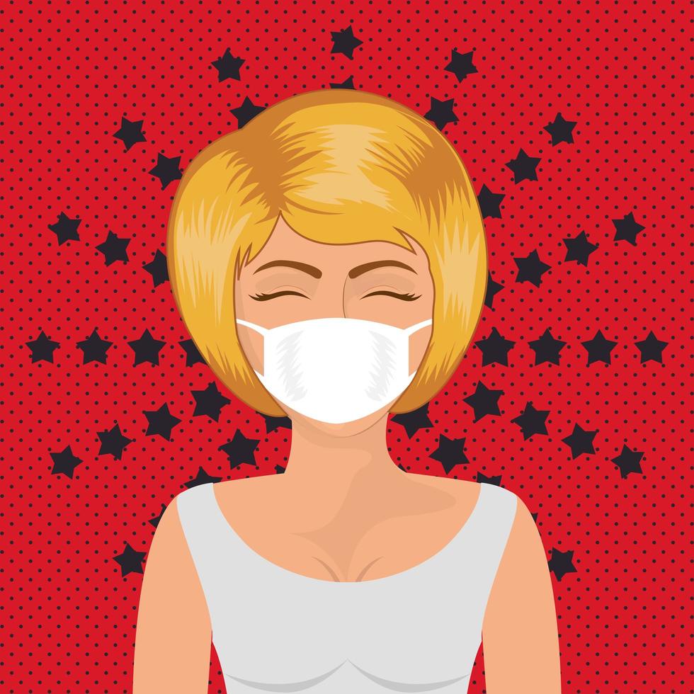 Pop art woman with mask over pointed and starry background vector design