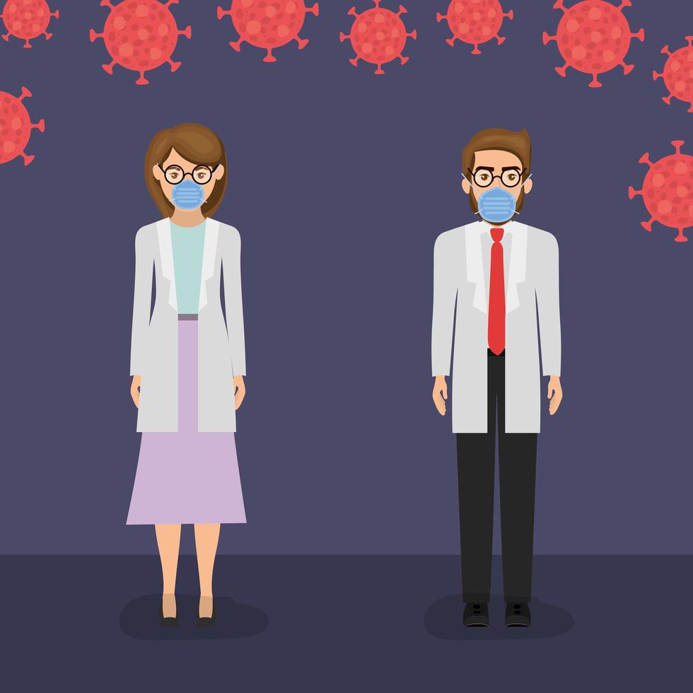 Woman and man doctors with masks and uniforms against 2019 ncov virus vector design