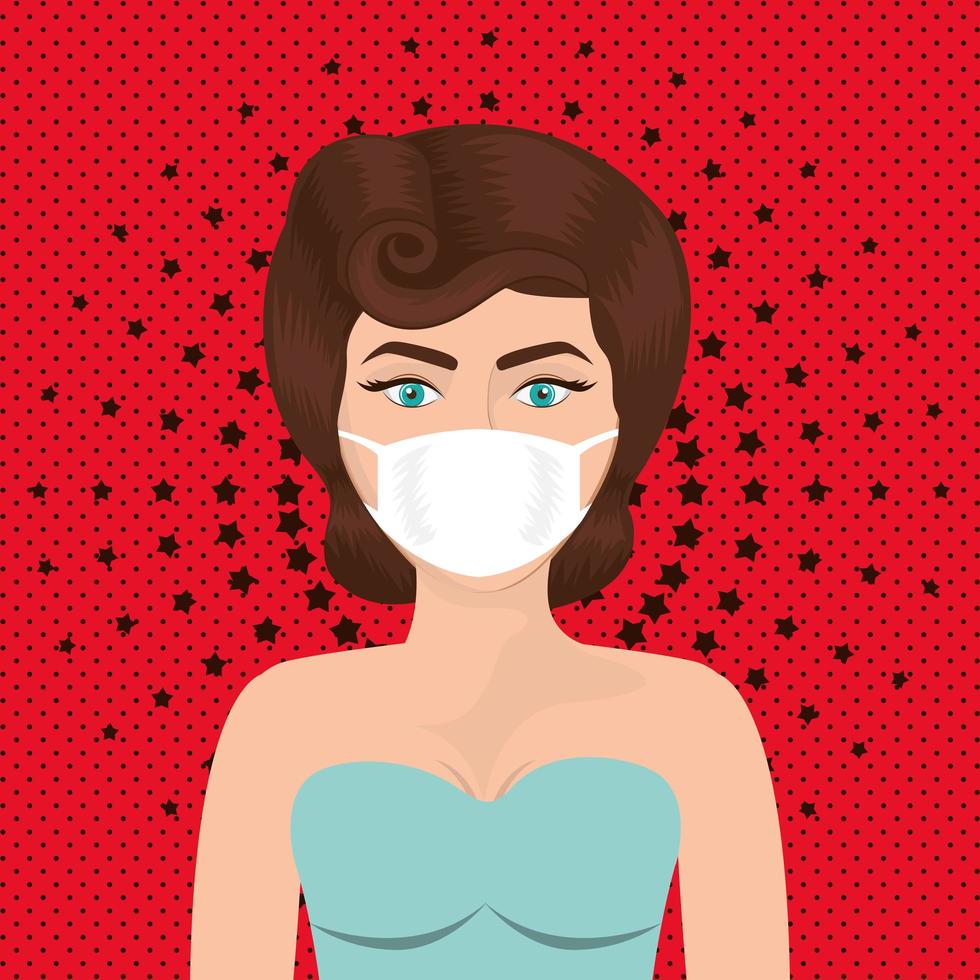 Pop art woman with mask over pointed and starry background vector design