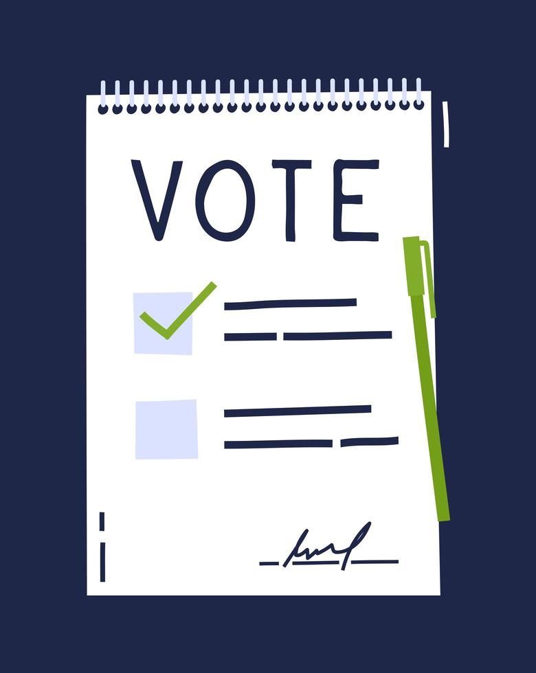 Vote document Bulletin concept. Cute cartoon list, choice of options and pen. Voting choice election concept. Doodle hand drawn style. Vector colored illustration for poster, cards and web.
