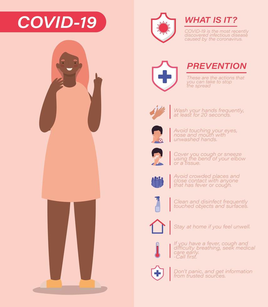 Covid 19 consejos de prevención de virus y diseño de vector de avatar de mujer