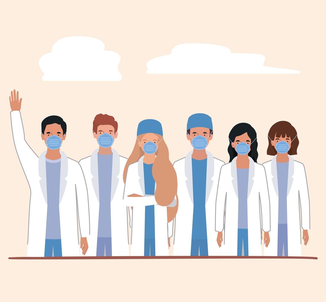 Men and women doctors with masks against 2019 ncov virus vector design