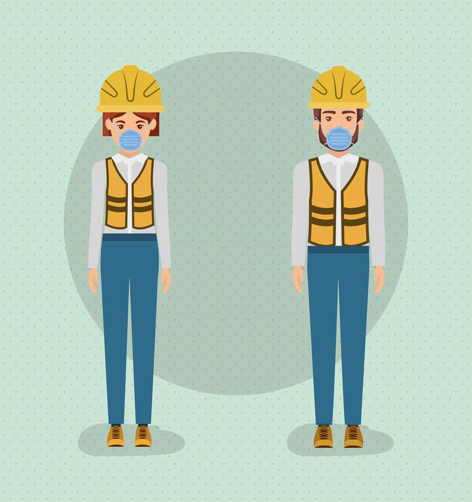 Women builders with masks and helmets against 2019 ncov virus vector design