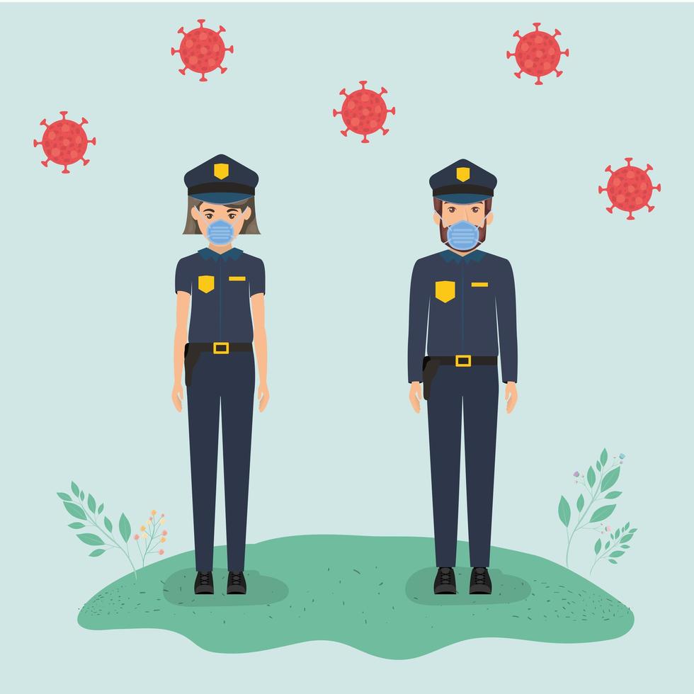 Mujer policía y policía con máscaras contra el diseño vectorial del virus ncov 2019 vector