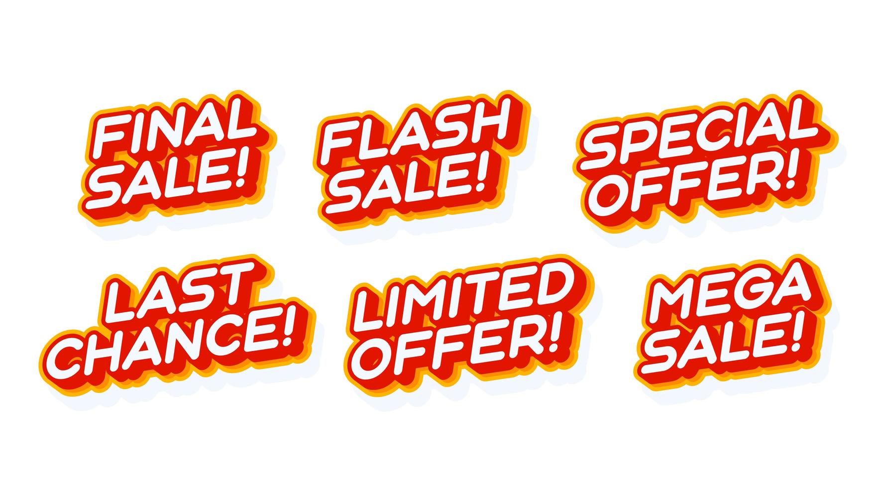 Big mega Sale, special offer set red and yellow text effect template with 3d type style and retro concept isolated on white background vector illustration.