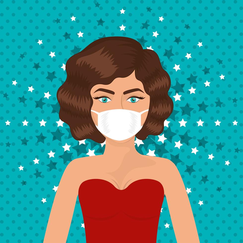 Pop art woman with mask over pointed and starry background vector design