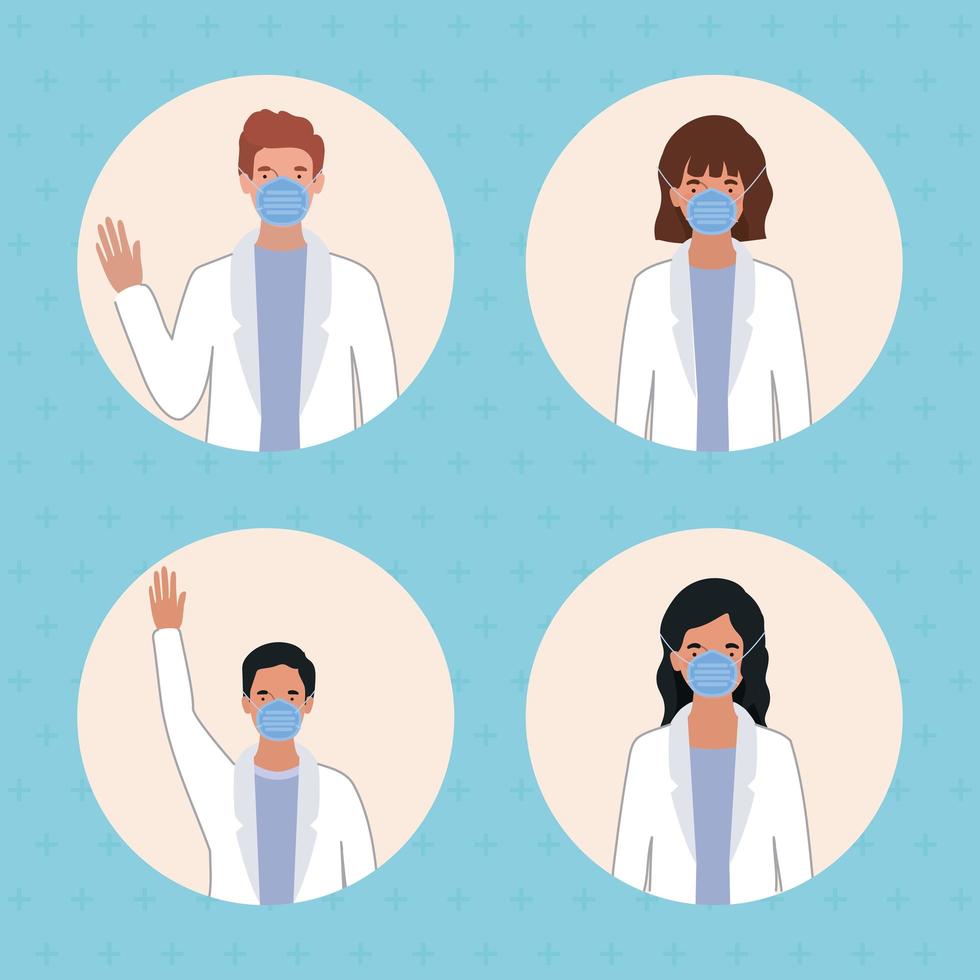 Men and women doctors with masks against 2019 ncov virus vector design