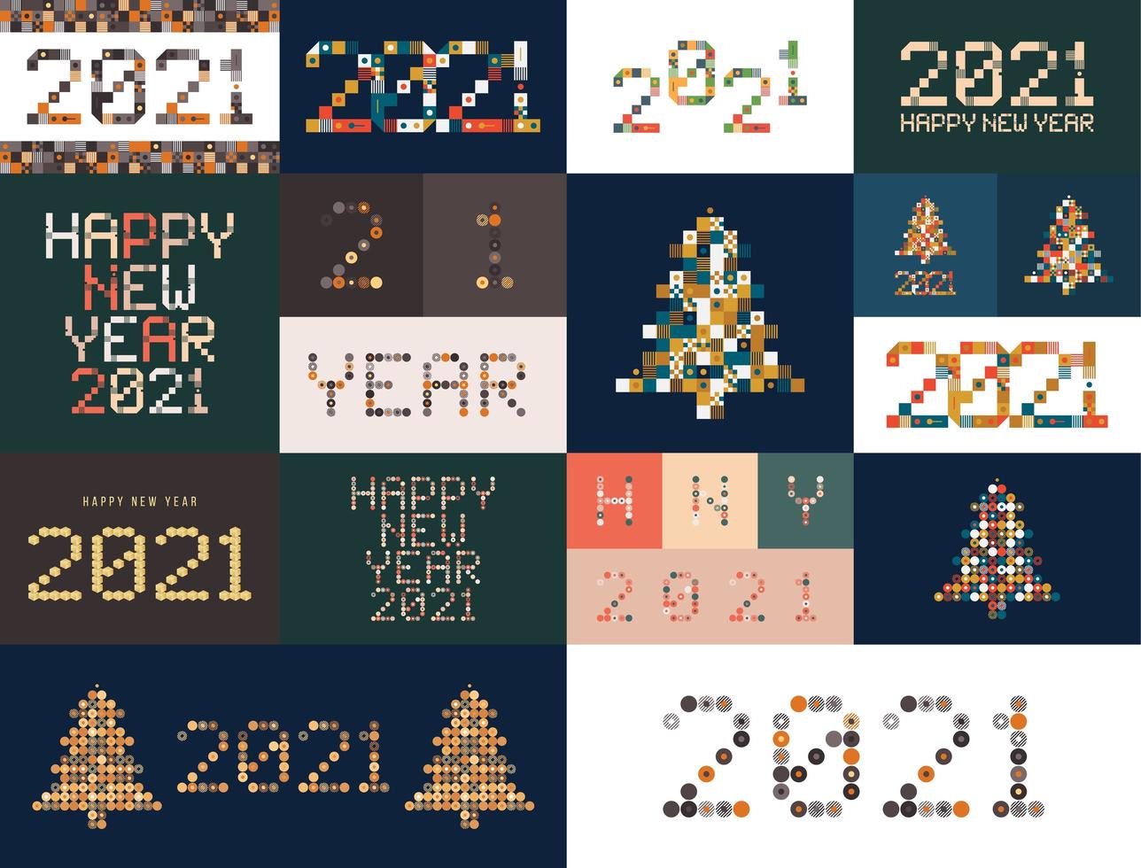 New Year diverse unusual sign set for 2021 event decoration, cute graphic, creative emblem concept for banner, brochure, flyer, calendar, greeting card, event invitation. Isolated vector logotype.