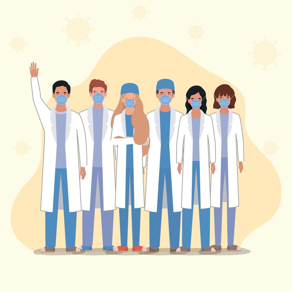 Men and women doctors with masks against 2019 ncov virus vector design