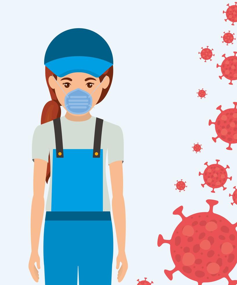 Woman gardener with mask against 2019 ncov virus vector design