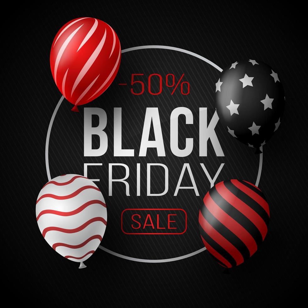 Black Friday Sale Poster With Shiny Balloons on Black Background With Glass Circle Frame. Vector Illustration.