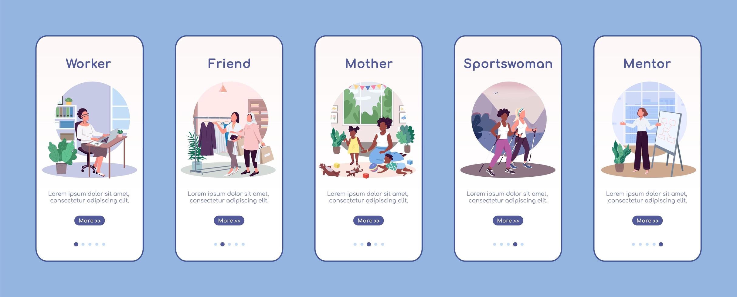 Women social roles onboarding mobile app screen flat vector template