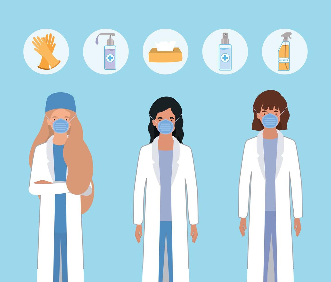 Women doctors with masks and hygiene products against 2019 ncov virus vector design