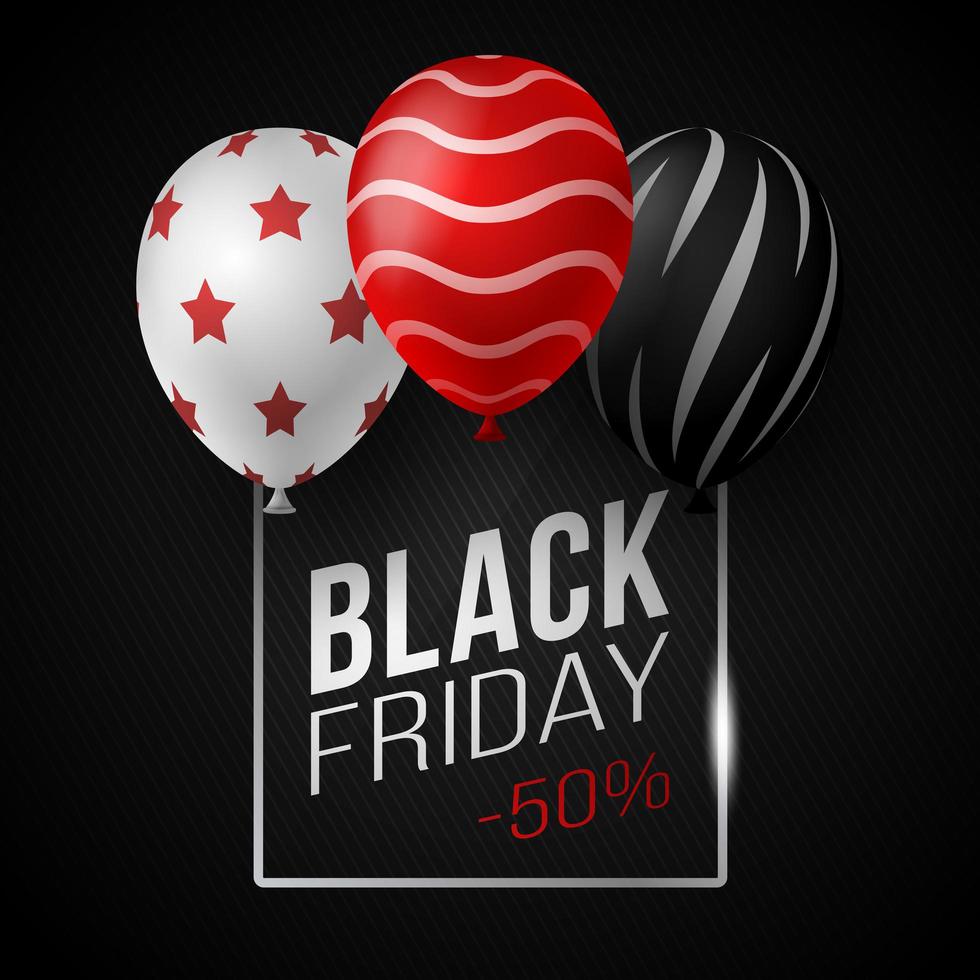 Black Friday Sale Poster With Shiny Balloons on Black Background With Glass Square Frame. Vector Illustration.