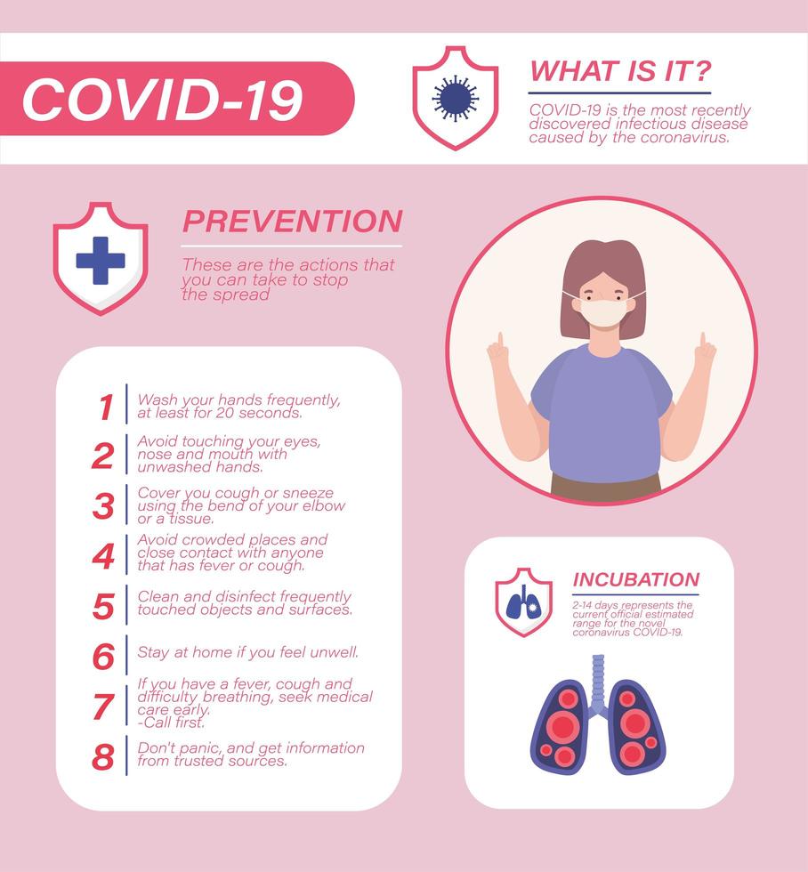 Covid 19 virus prevention tips and woman avatar with mask vector design