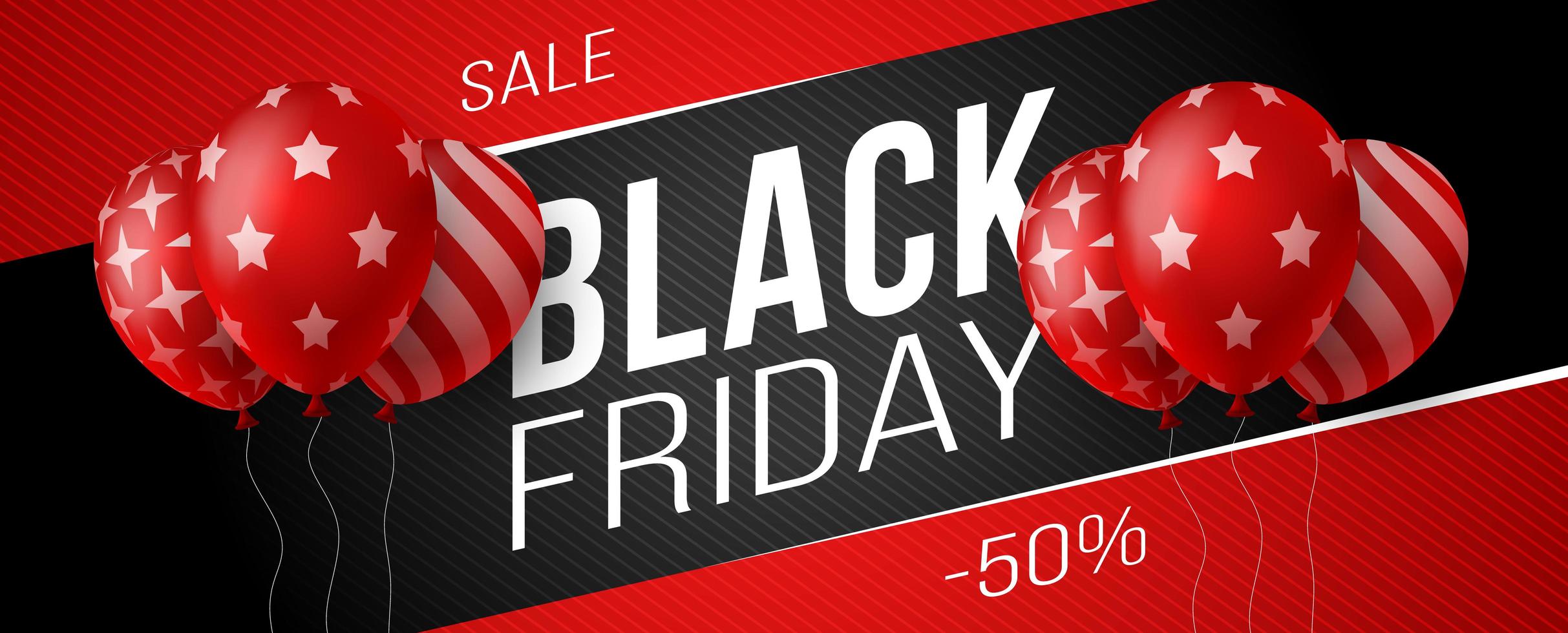 Black Friday Sale Horizontal Banner With Dark and Red Shiny Balloons on Black Background With Place for Text. Vector Illustration.