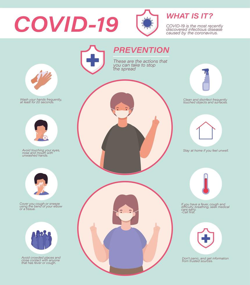 Covid 19 virus prevention tips woman and man avatar with masks vector design