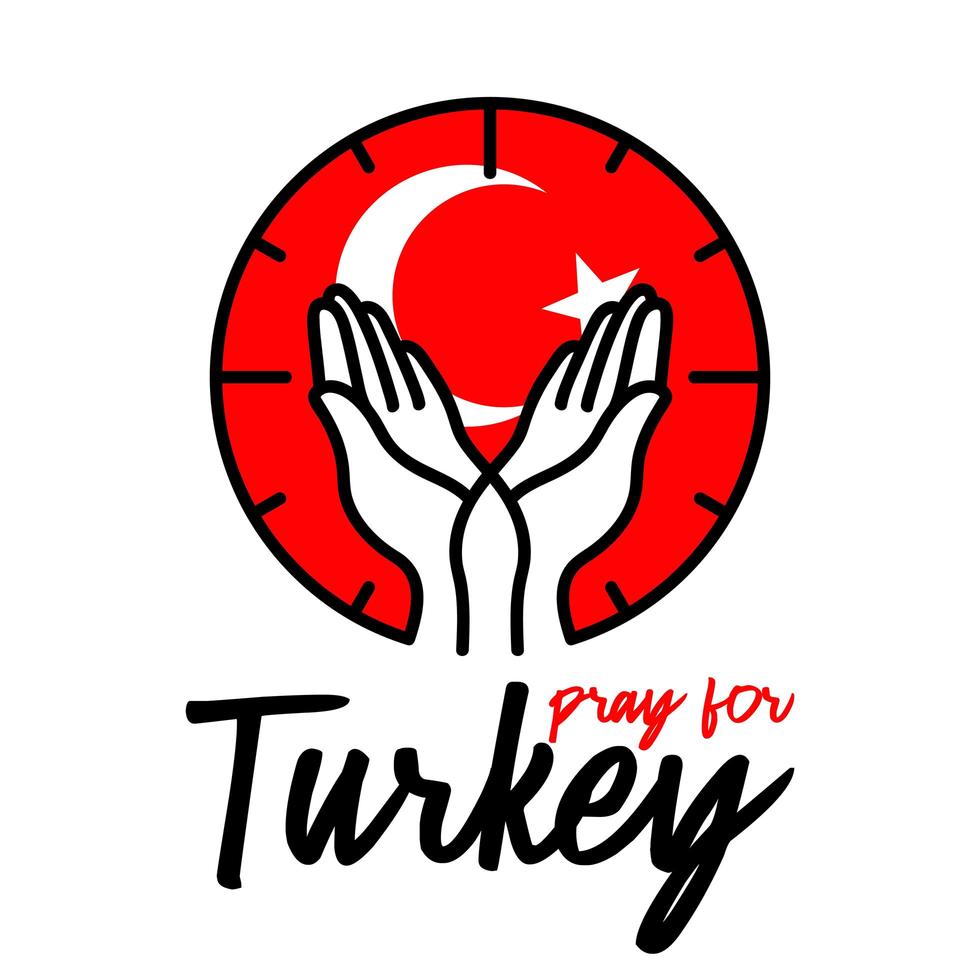 vector orar por Turquía, dos manos sosteniendo suavemente la posición con la bandera turca detrás