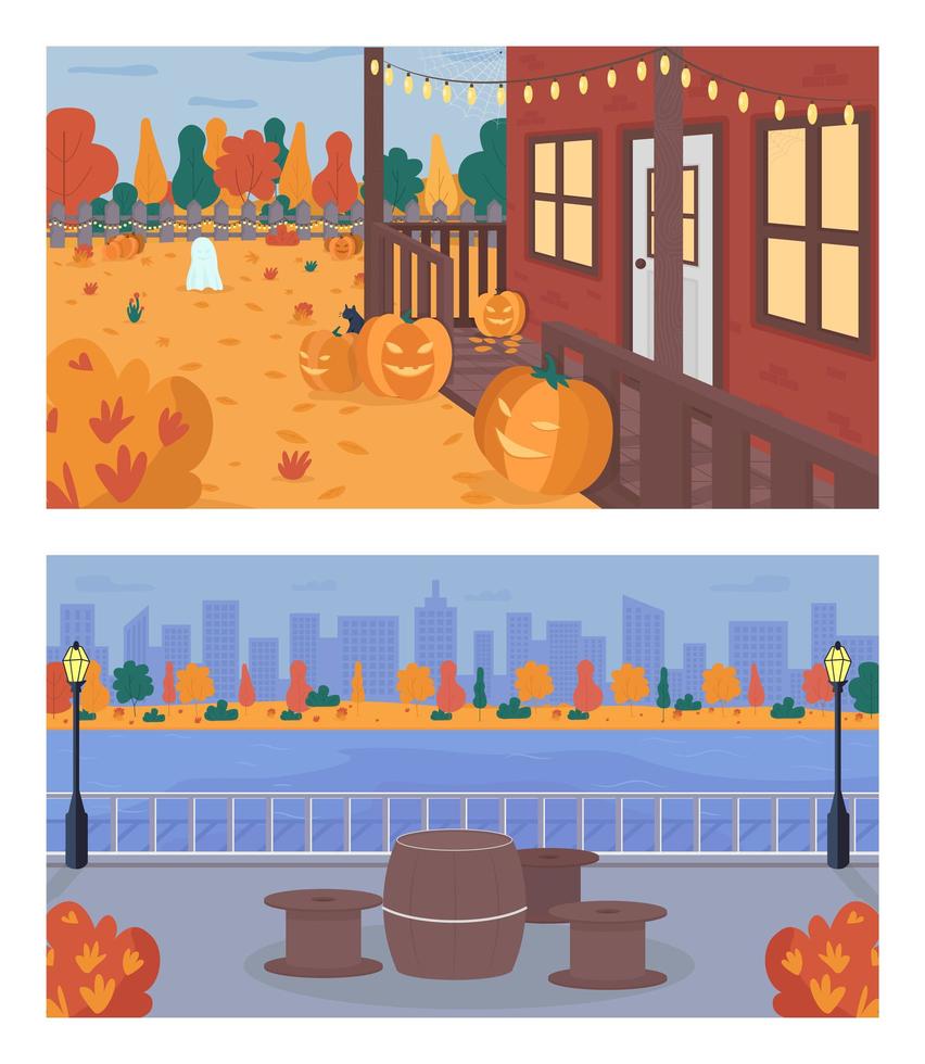 Fall weekend in city flat color vector illustration set