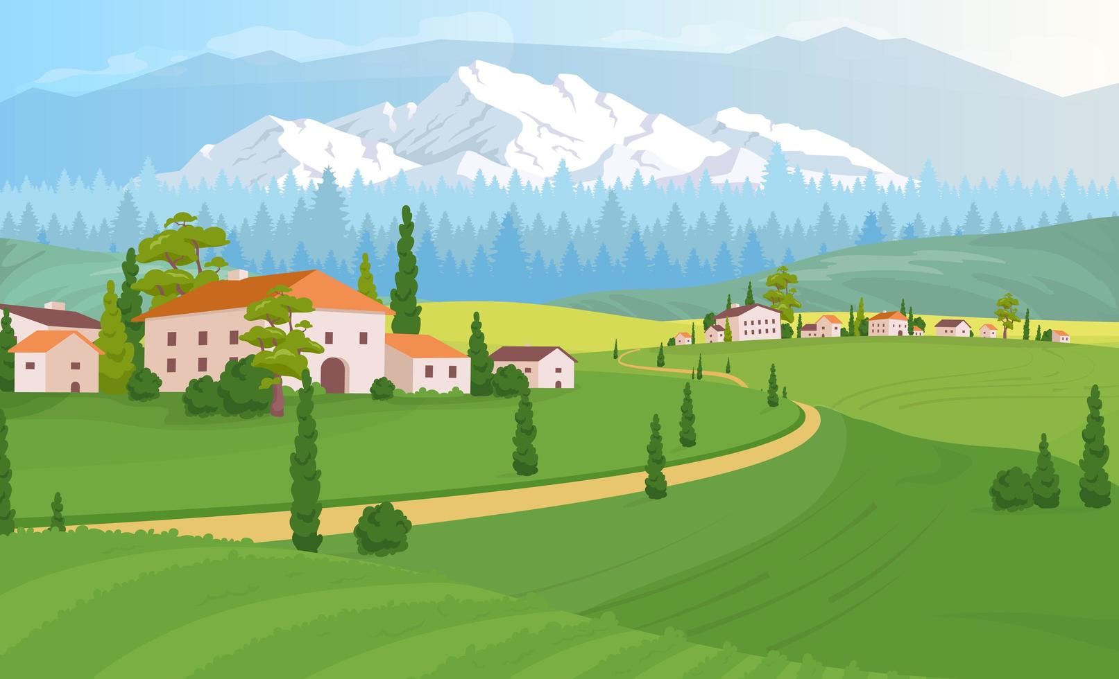 Rural dwelling scenery flat color vector illustration