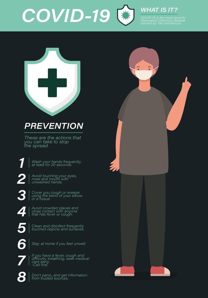 Covid 19 virus prevention tips and man avatar with mask vector design