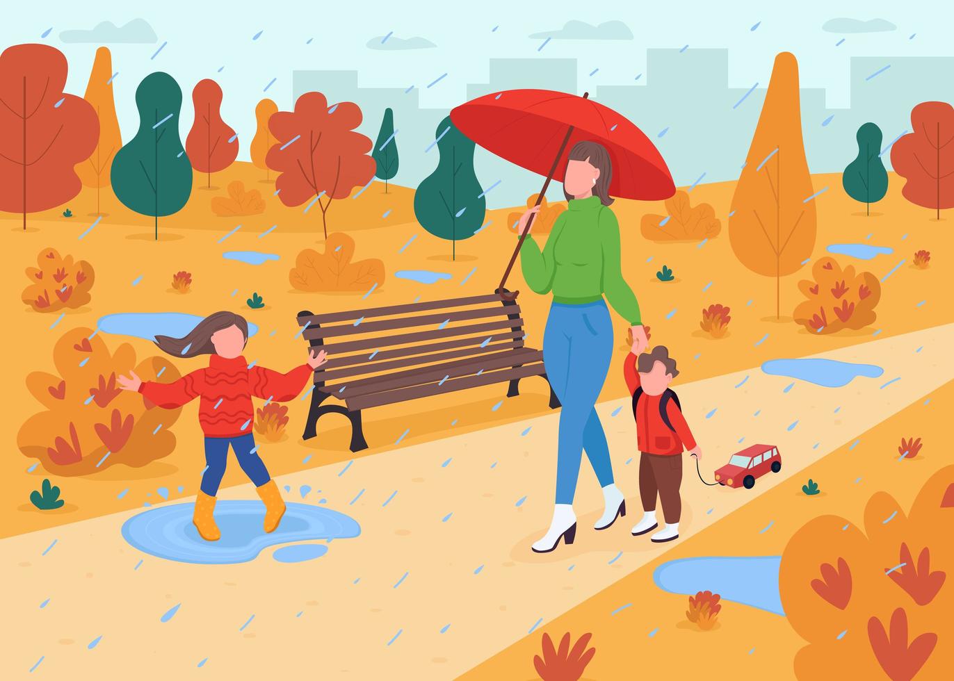 Family walk in fall park flat color vector illustration