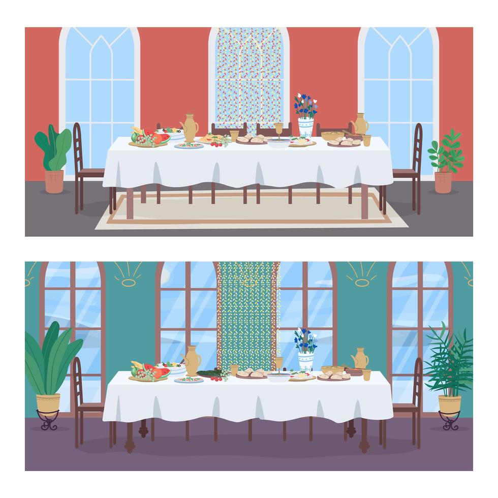 Traditional oriental banquet flat color vector illustration set