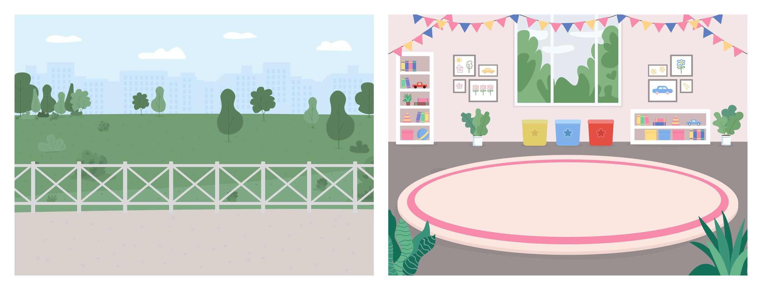 Playroom and recreation spot flat color vector illustration set