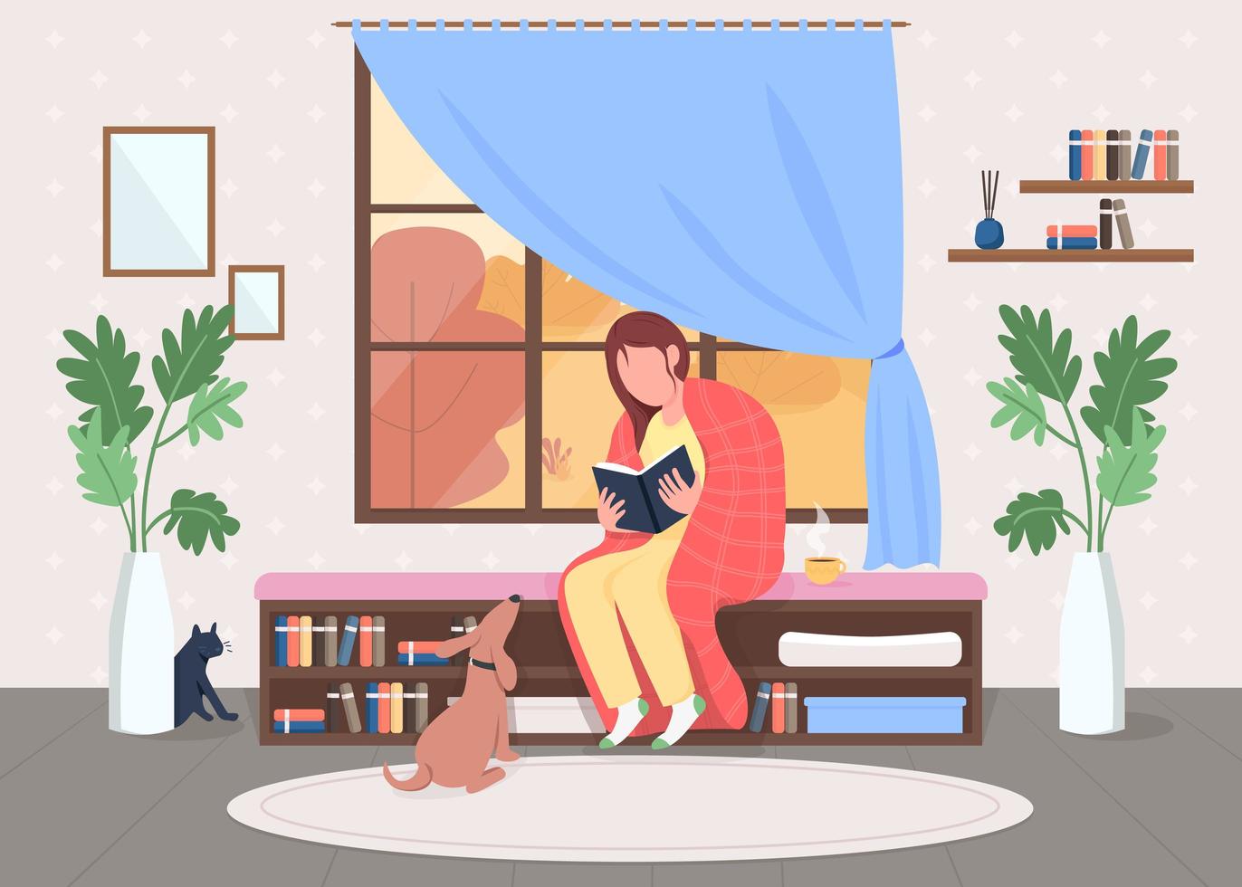 Mujer leyendo en casa ilustración de vector de color plano